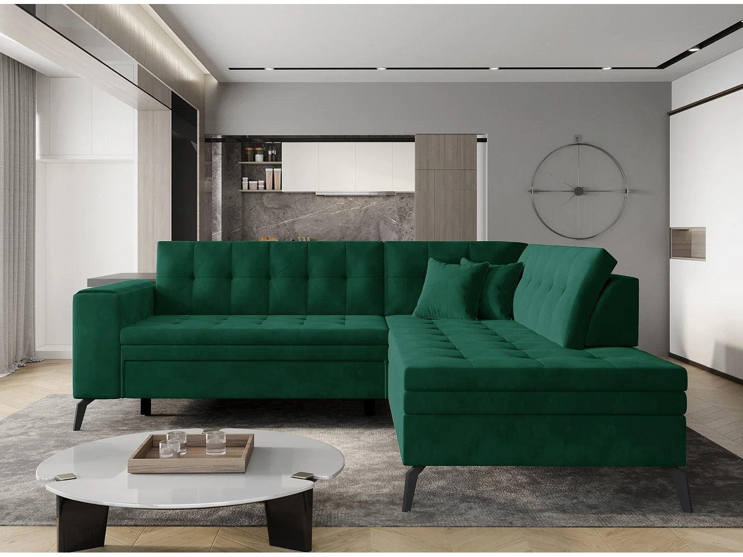 Canapé convertible capitonné angle droit tissu vert épinard Larry 260cm