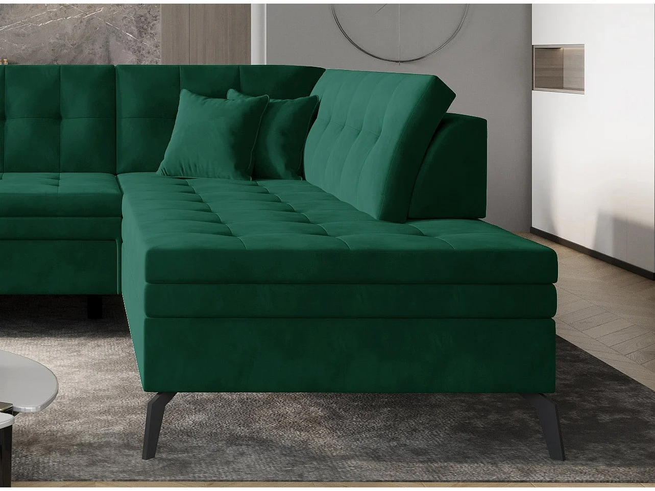 Canapé convertible capitonné angle droit tissu vert épinard Larry 260cm