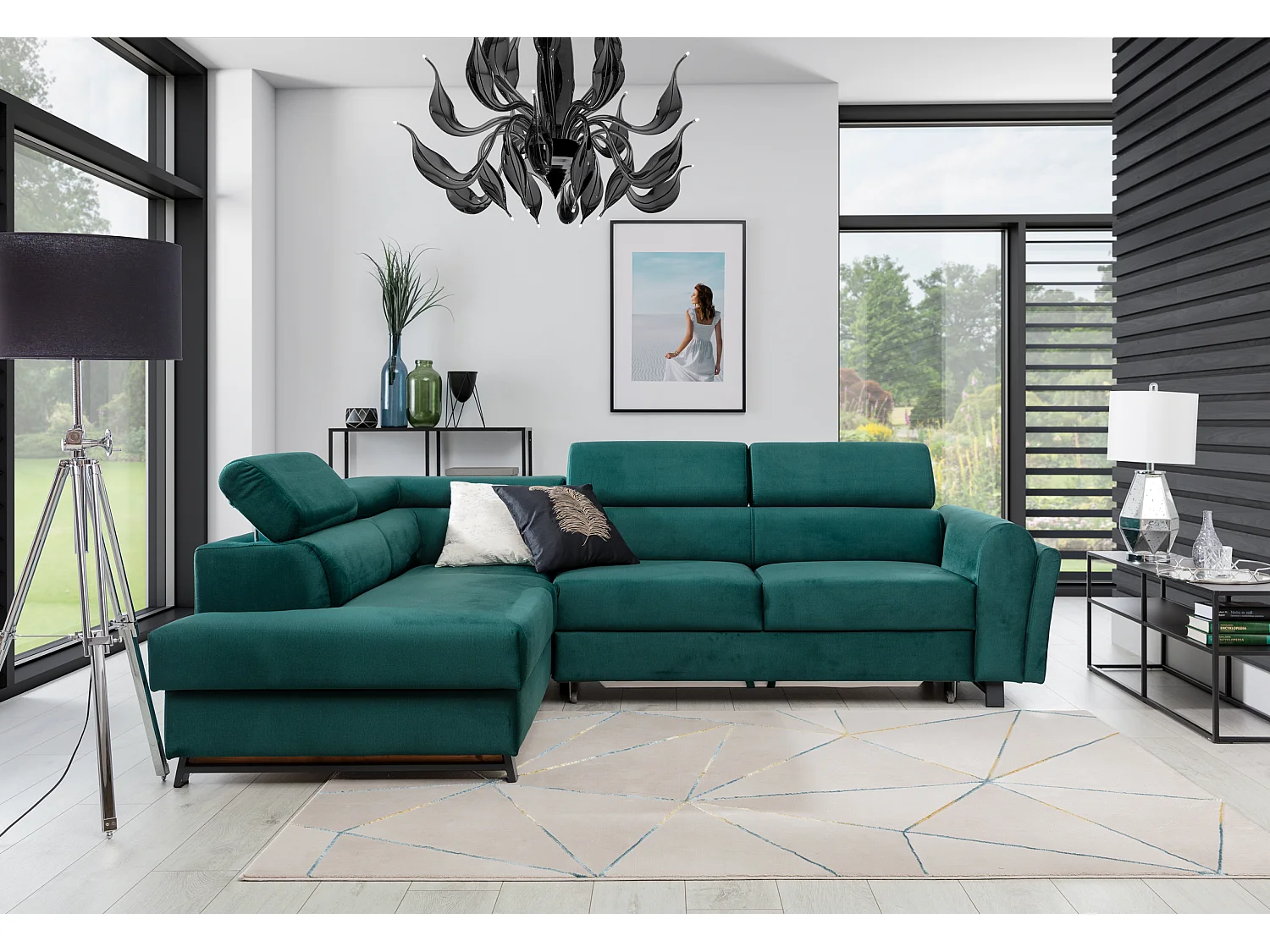 Canapé angle gauche convertible velours vert avec têtières réglables Nikos 265cm