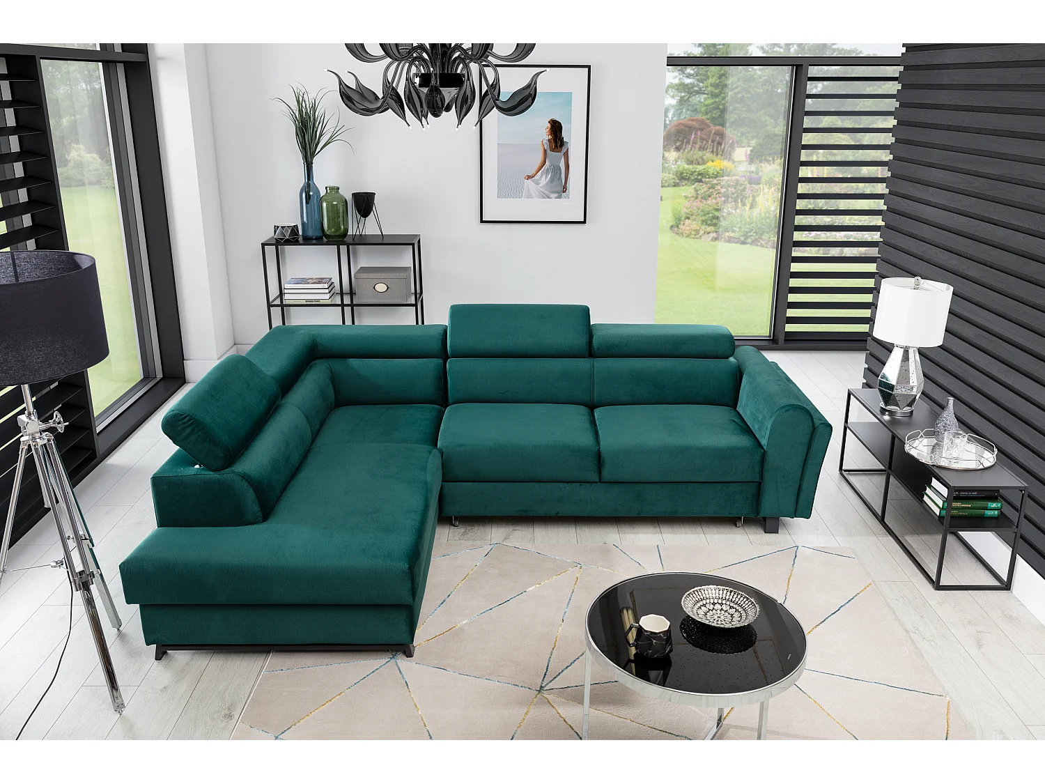 Canapé angle gauche convertible velours vert avec têtières réglables Nikos 265cm