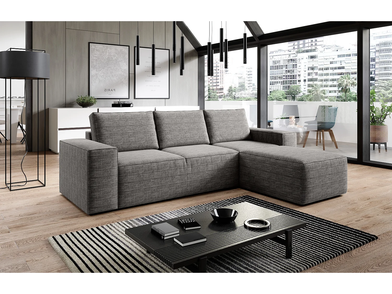 Moderne rechtse converteerbare hoekbank in gemêleerde donkerbeige stof Willace 302 cm