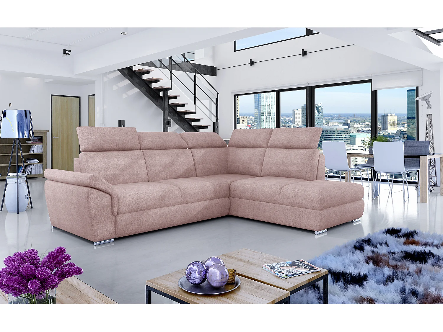 Canapé angle droit convertible tissu rose clair avec appuis-tête réglables Kepita 260cm