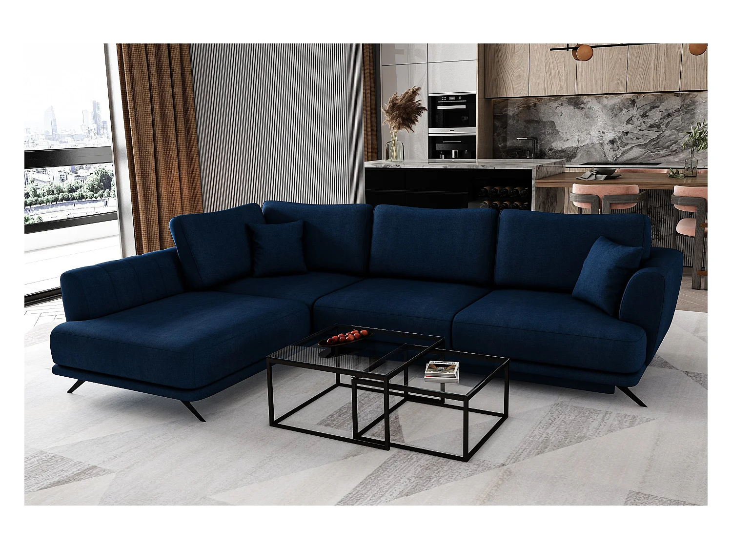 Canapé convertible angle gauche velours bleu marine Savary 280cm