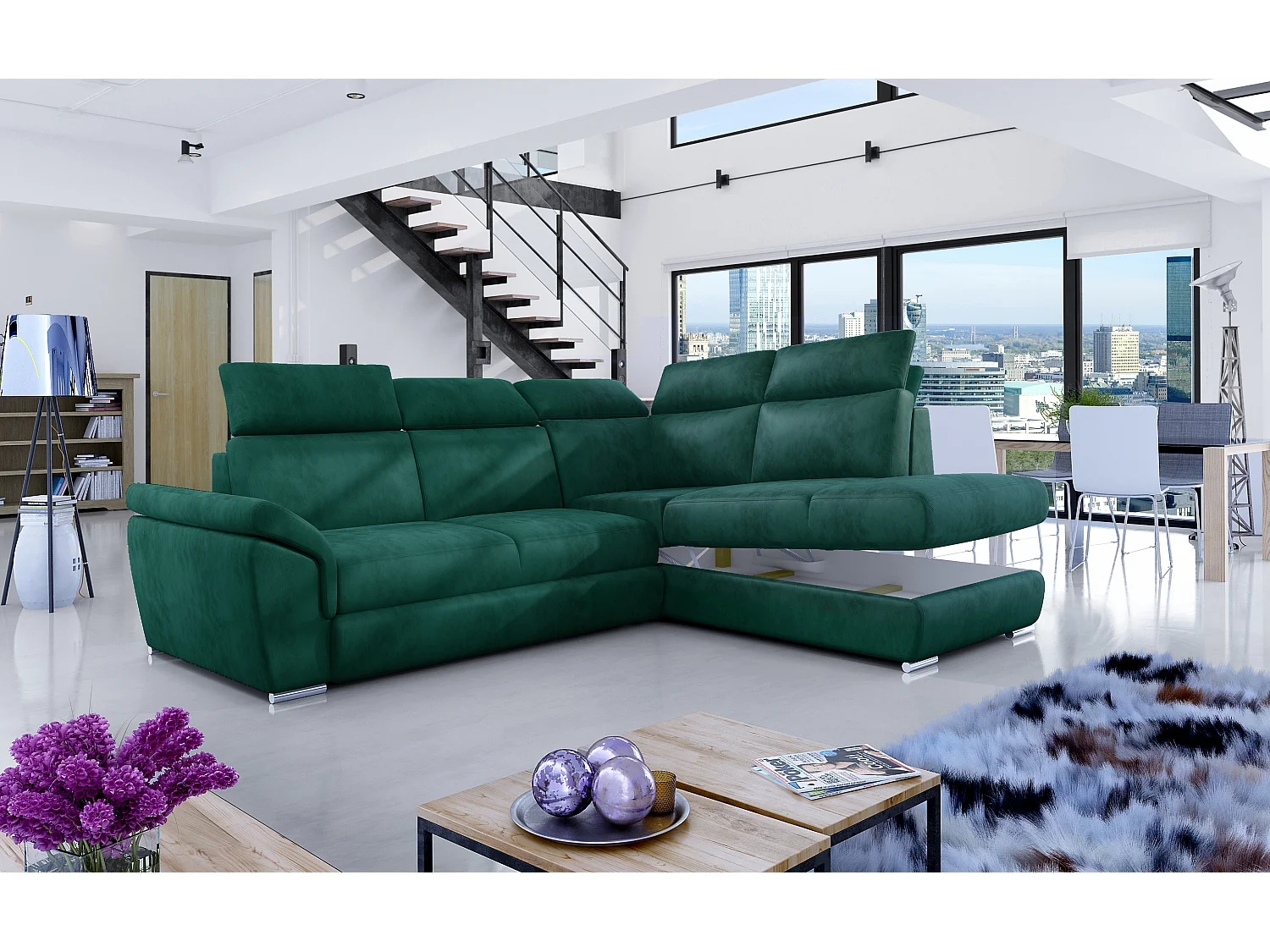 Converteerbare hoekbank rechts in gemêleerde beige stof met verstelbare hoofdsteunen Kepita 260 cm