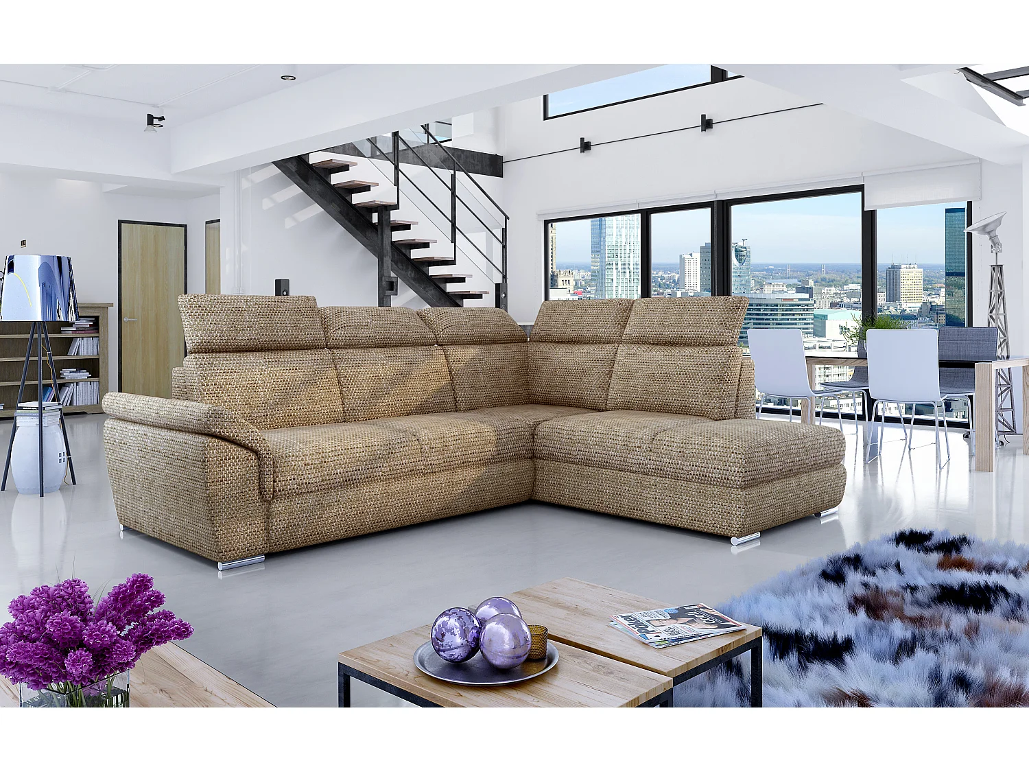 Canapé angle droit convertible tissu beige chiné avec appuis-tête réglables Kepita 260cm