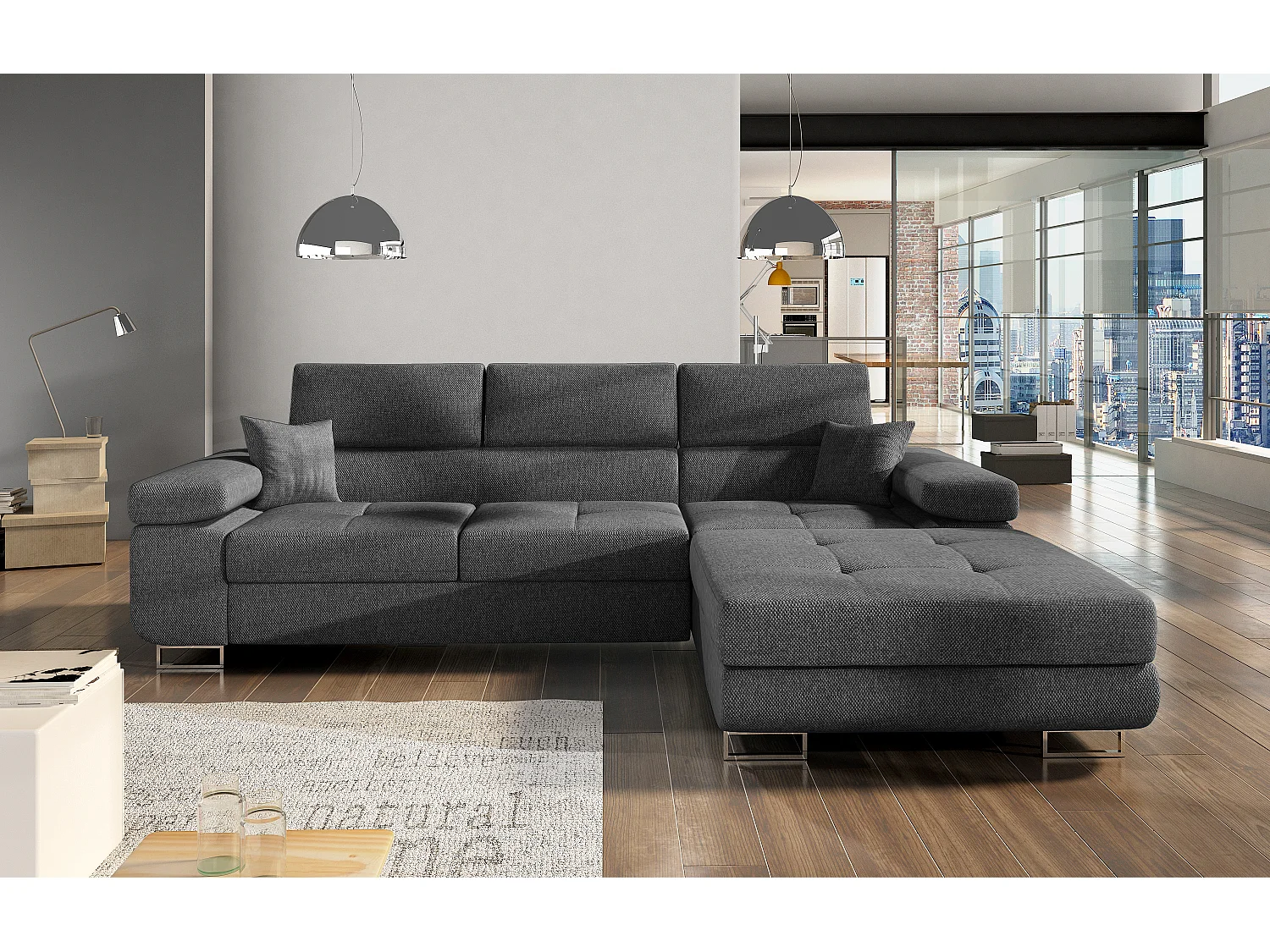 Canapé convertible d'angle droit tissu gris foncé avec rangement Wile 280cm