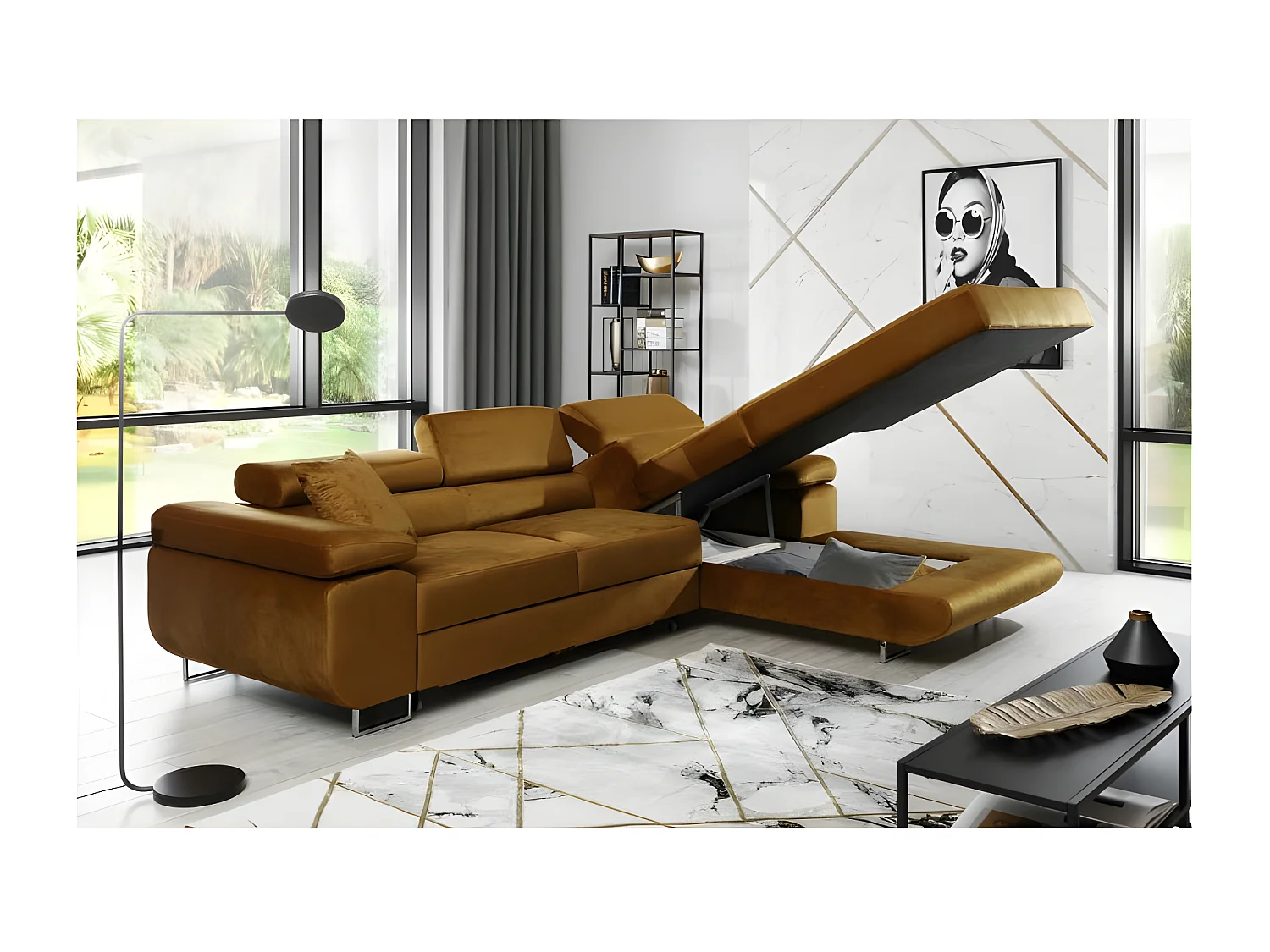 Canapé convertible d'angle droit tissu gris foncé avec rangement Wile 280cm