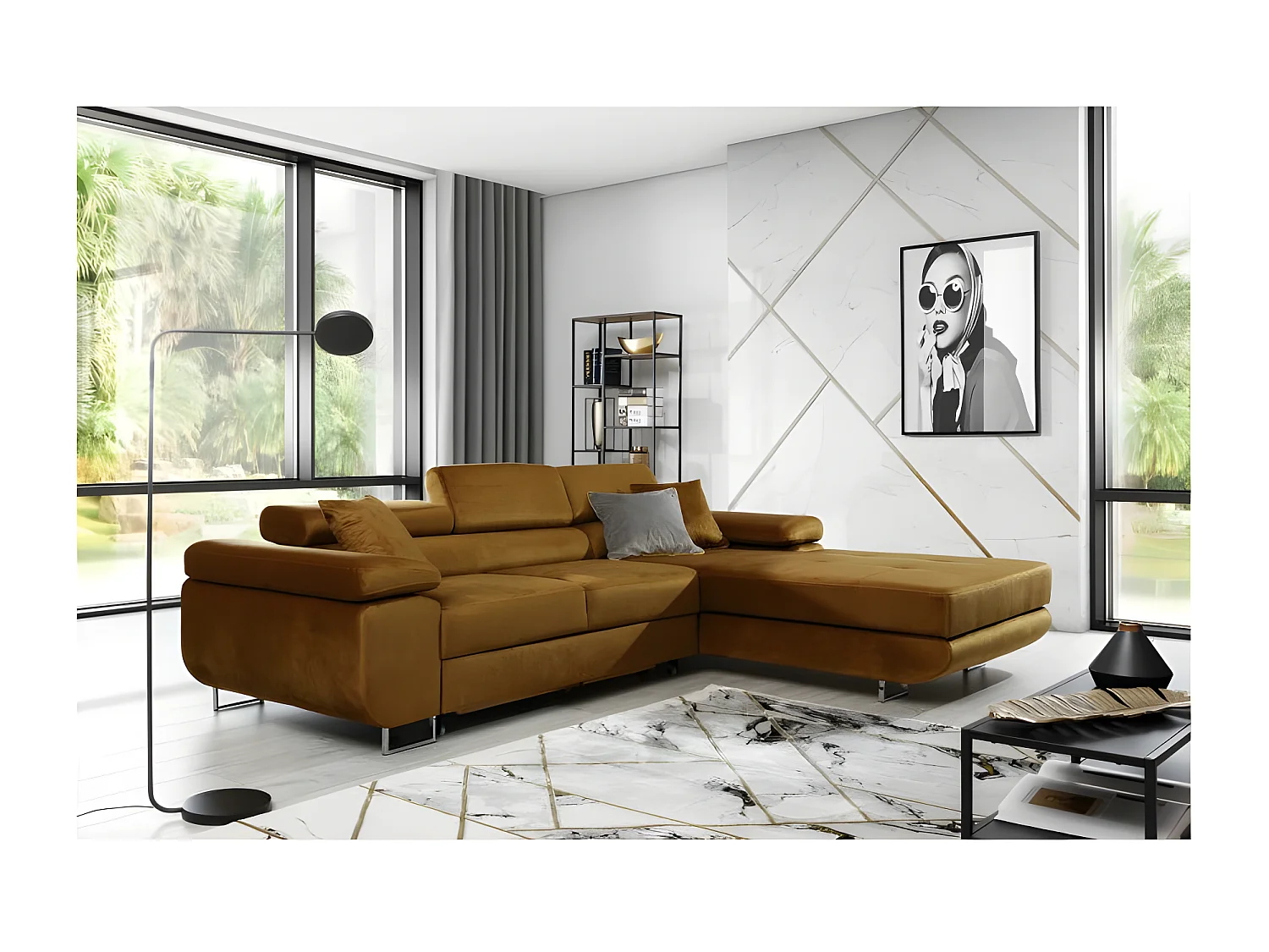 Canapé convertible d'angle droit tissu gris foncé avec rangement Wile 280cm