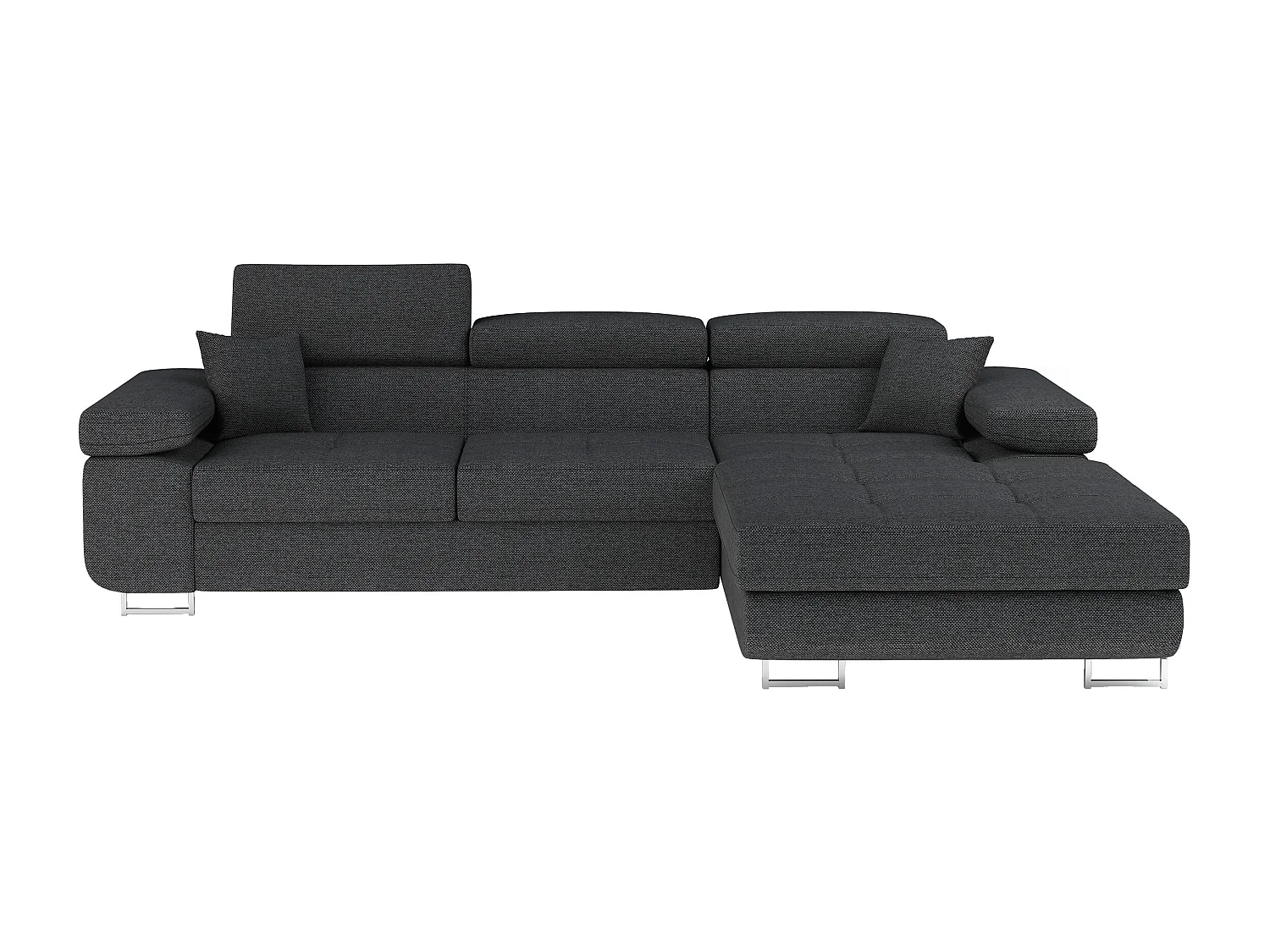 Canapé d'angle convertible tissu appuis-tête réglables KALIZO - Coffre et pieds acier chromé-Gris foncé-angle droit