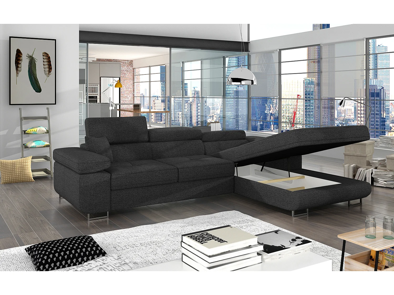 Canapé d'angle convertible tissu appuis-tête réglables KALIZO - Coffre et pieds acier chromé-Gris foncé-angle droit