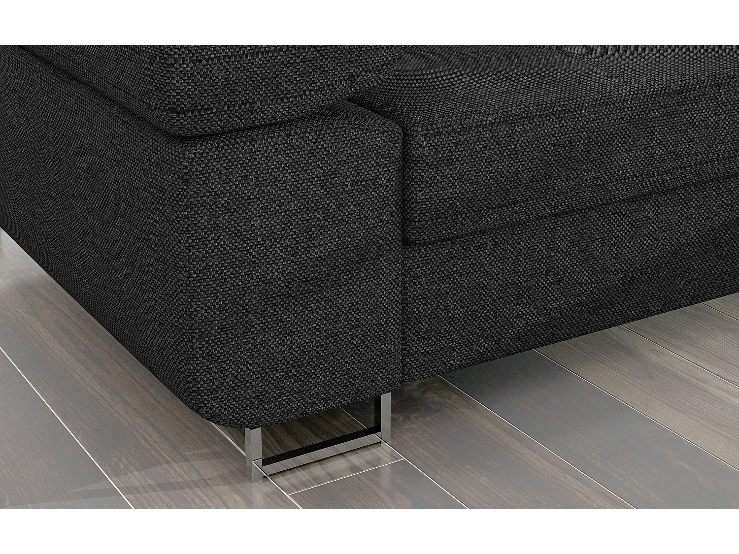 Canapé d'angle convertible tissu appuis-tête réglables KALIZO - Coffre et pieds acier chromé-Gris foncé-angle droit