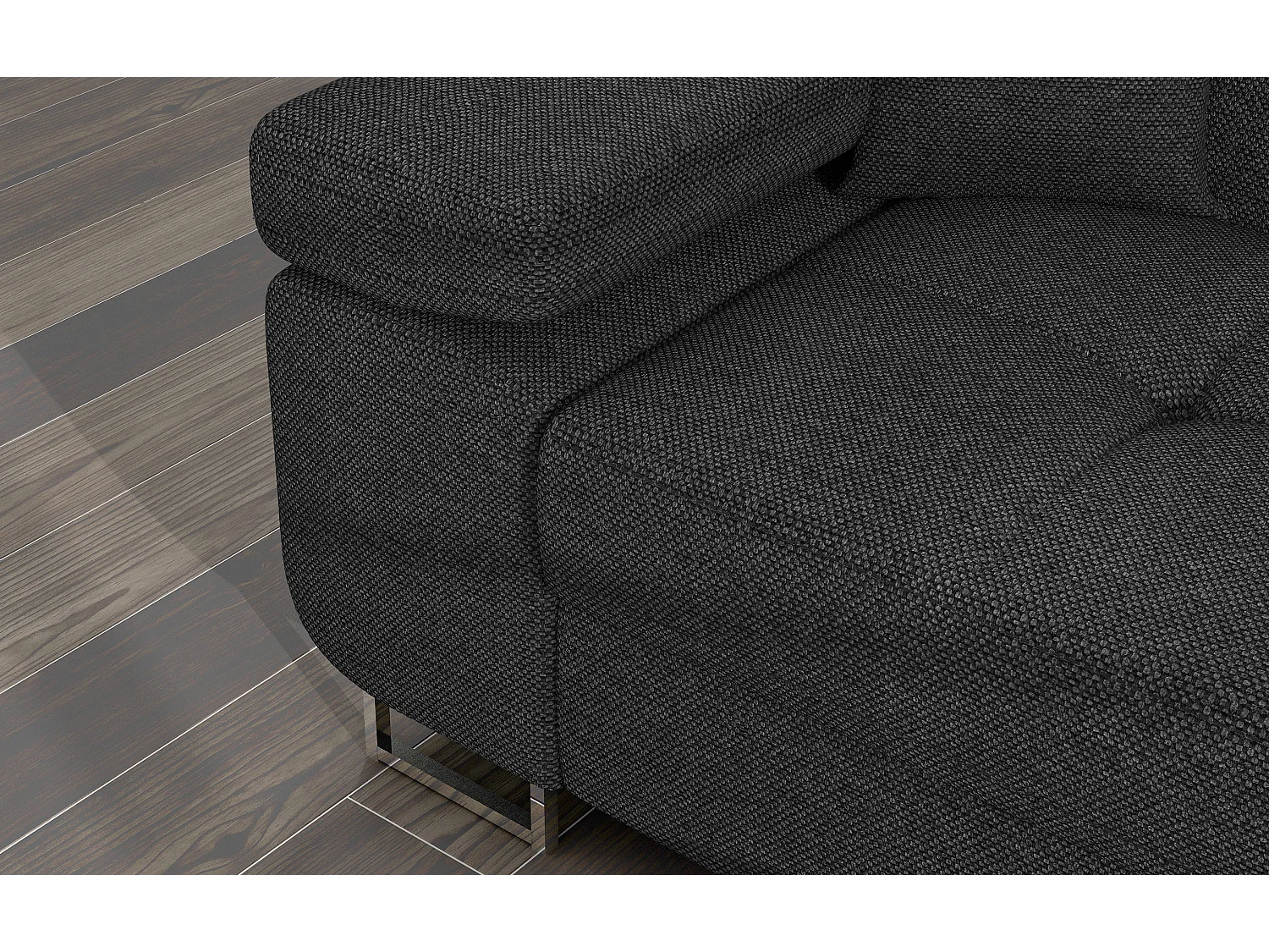 Canapé d'angle convertible tissu appuis-tête réglables KALIZO - Coffre et pieds acier chromé-Gris foncé-angle droit