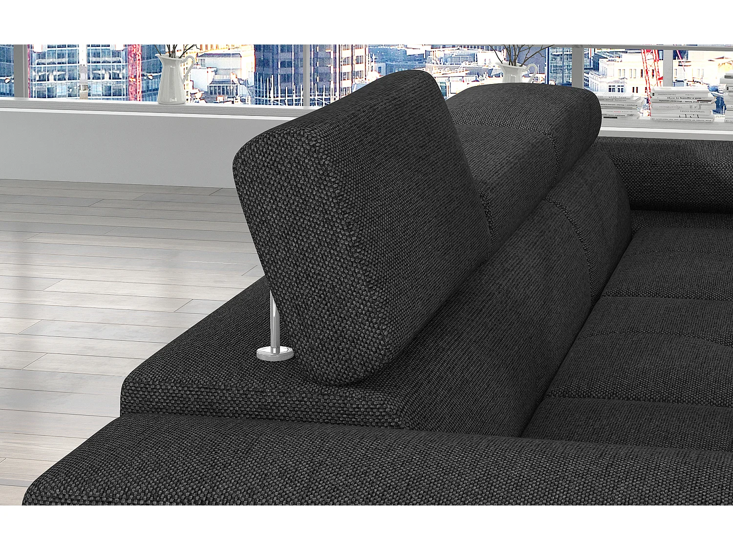 Canapé d'angle convertible tissu appuis-tête réglables KALIZO - Coffre et pieds acier chromé-Gris foncé-angle droit