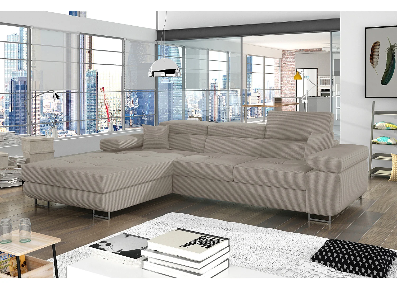 Canapé d'angle convertible tissu appuis-tête réglables KALIZO - Coffre et pieds acier chromé-Gris foncé-angle droit