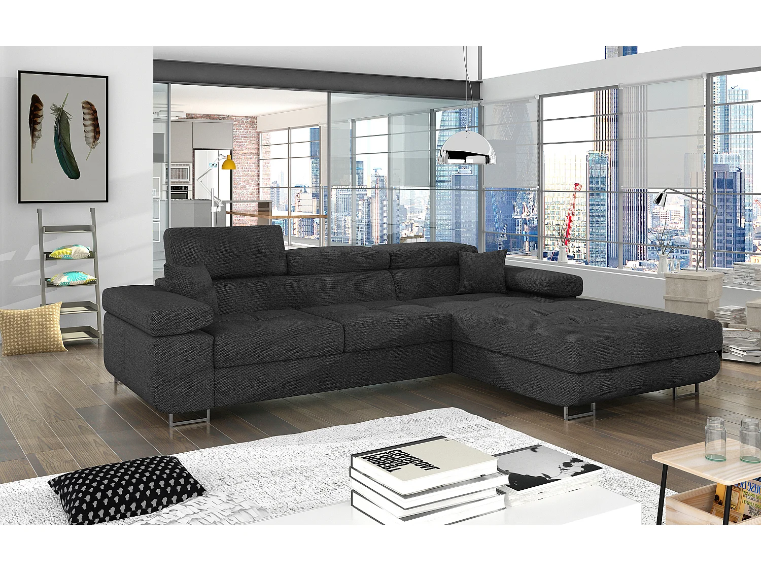 Canapé d'angle convertible tissu appuis-tête réglables KALIZO - Coffre et pieds acier chromé-Gris foncé-angle droit