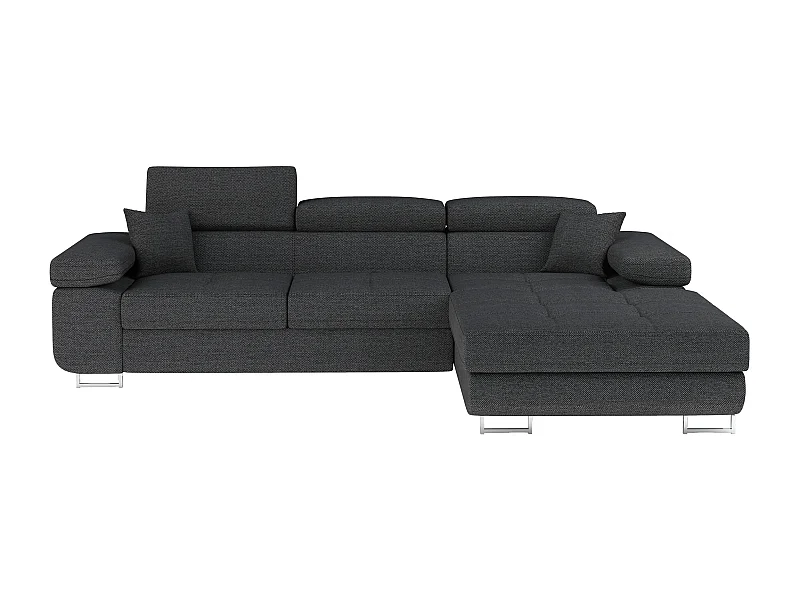 Canapé d'angle convertible tissu appuis-tête réglables KALIZO - Coffre et pieds acier chromé-Gris foncé-angle droit