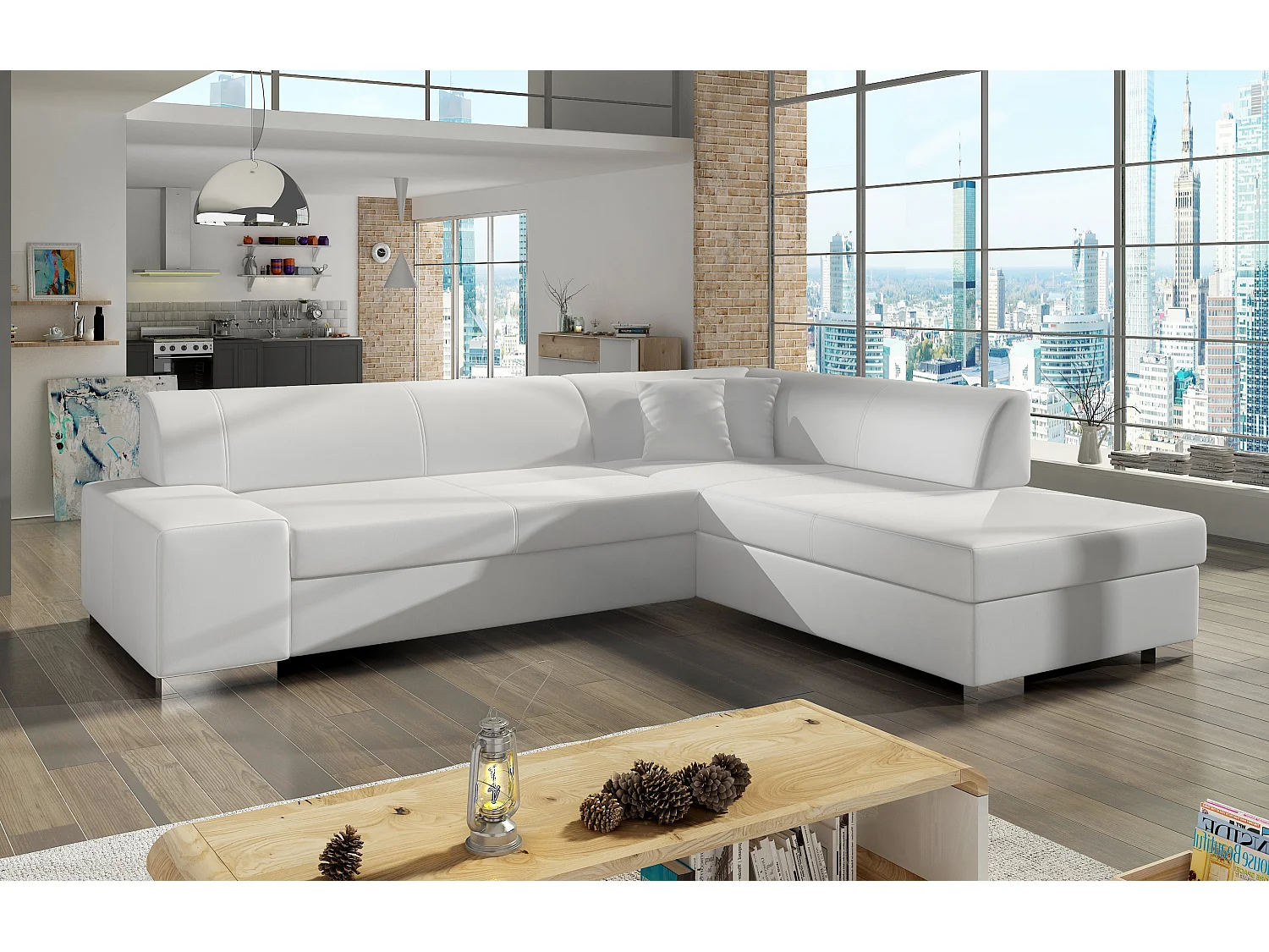 Canapé convertible moderne angle droit simili cuir blanc Plazo 278cm