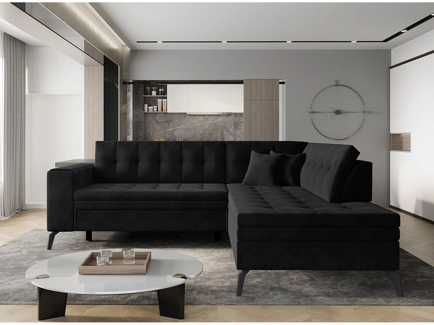 Canapé convertible capitonné angle droit velours noir Larry 260cm