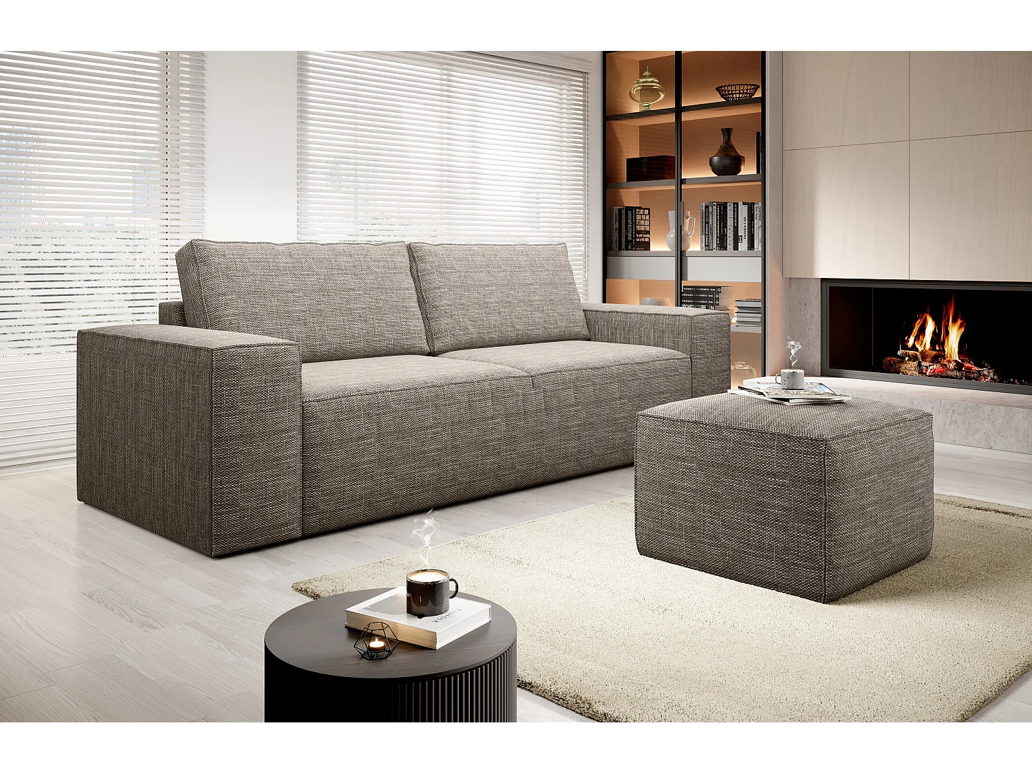 Canapé convertible 4 places tissu beige chiné Willace 260cm