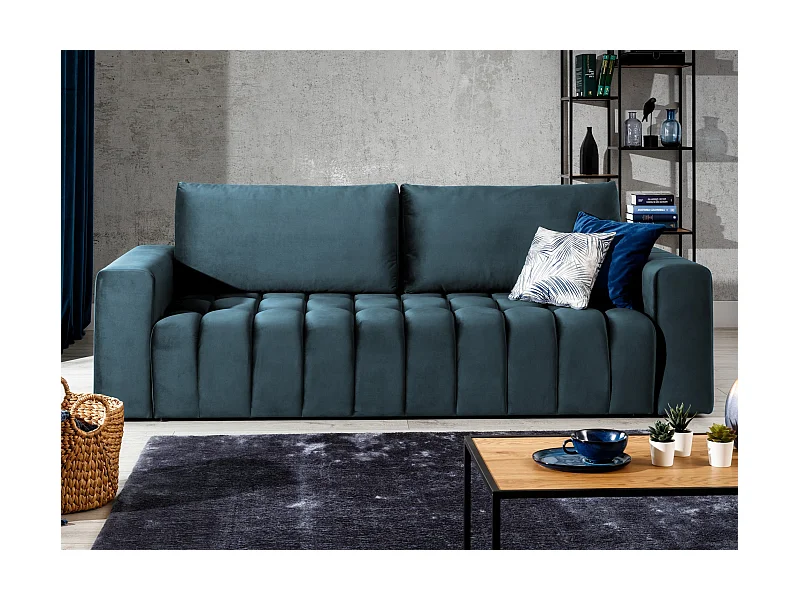 Canapé convertible 3 places velours bleu avec coffre de rangement Larko 245cm