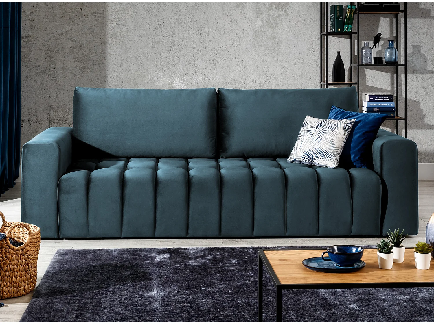 Canapé convertible 3 places velours bleu avec coffre de rangement Larko 245cm