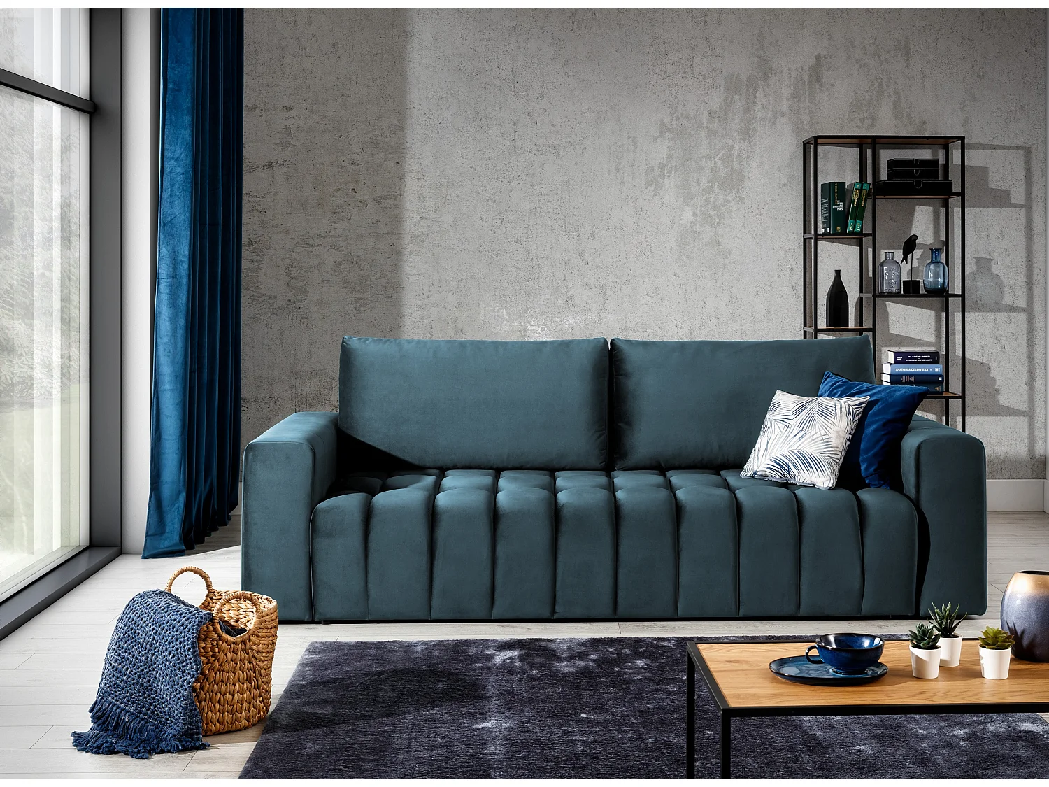 Canapé convertible 3 places velours bleu avec coffre de rangement Larko 245cm