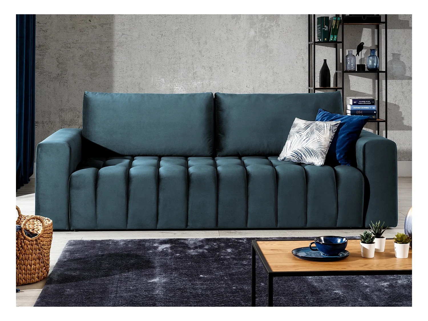 Canapé convertible 3 places velours bleu avec coffre de rangement Larko 245cm