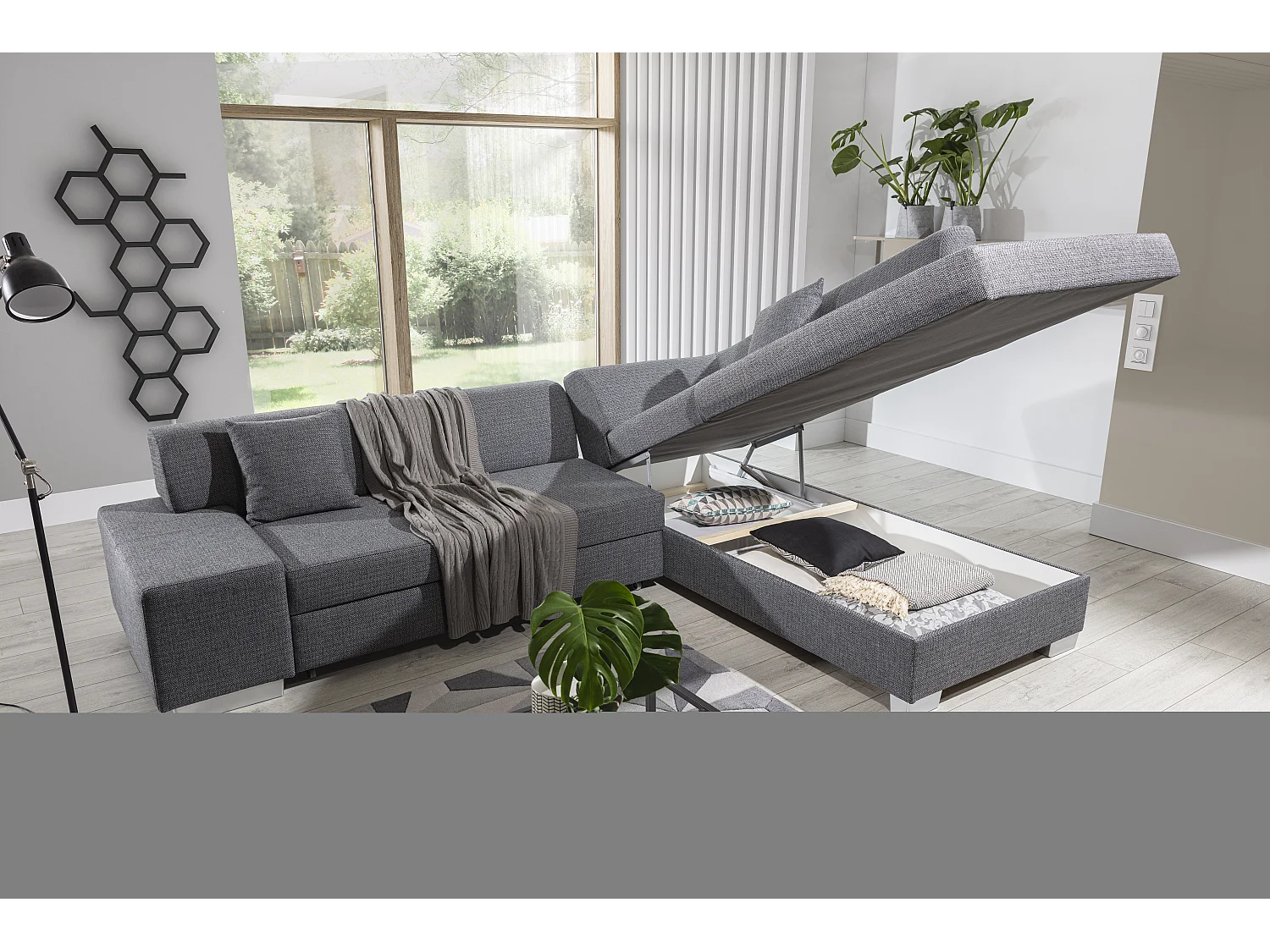 Moderne slaapbank linkerhoek zwarte stof Plazo 278 cm