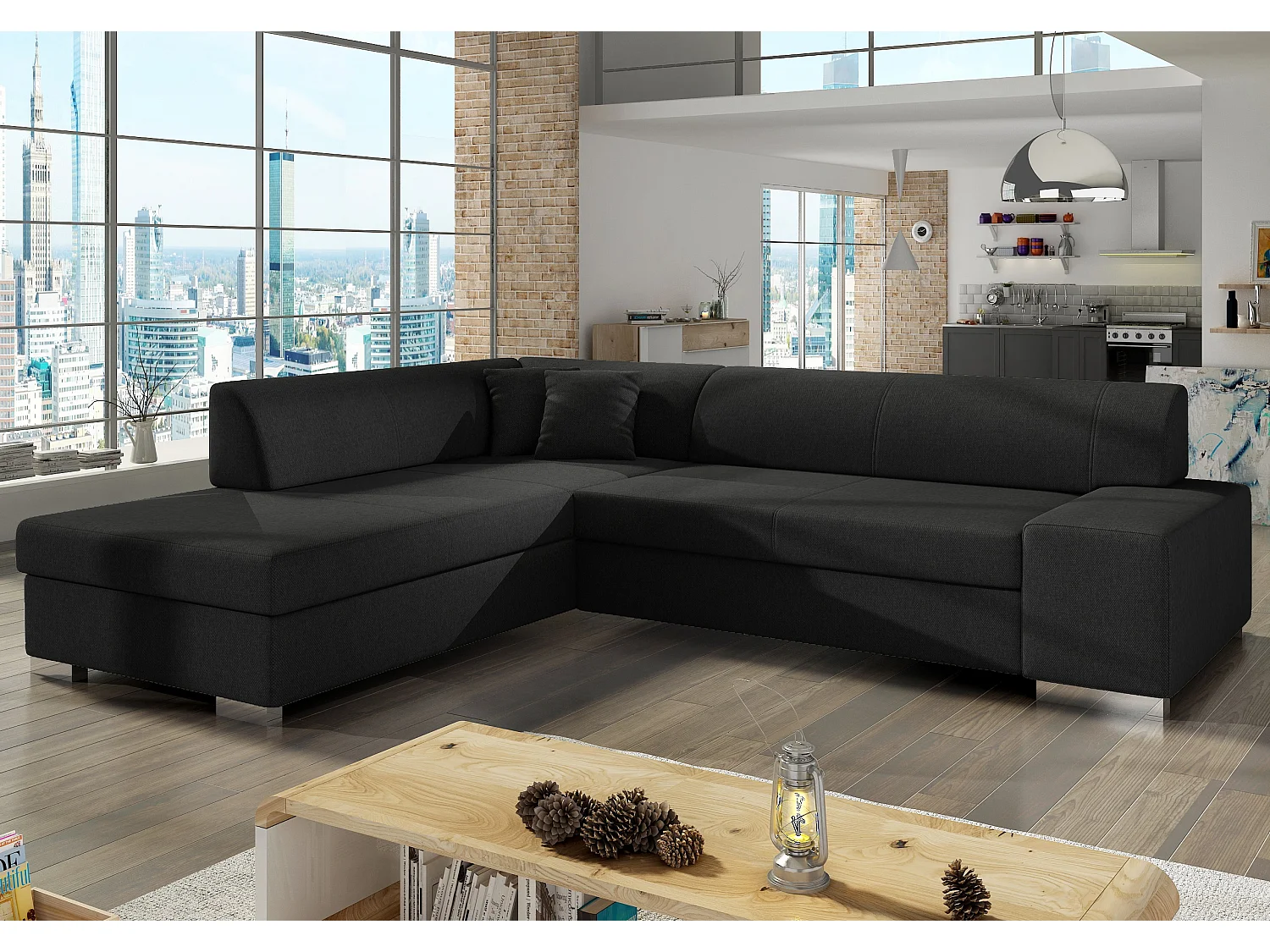 Canapé convertible moderne angle gauche tissu noir Plazo 278cm