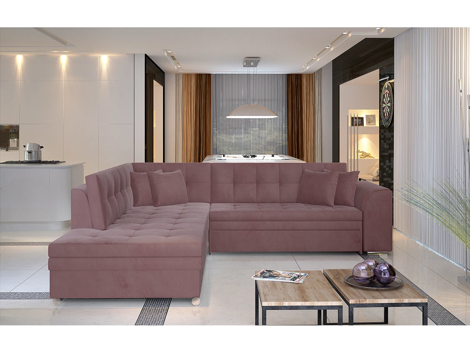 Converteerbare bank linkerhoek roze fluweel en chroom Pika 260 cm