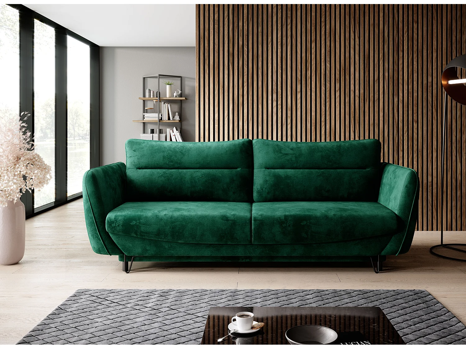 Canapé droit convertible velours ZURIK - Coffre de rangement et pieds métal noir-Vert