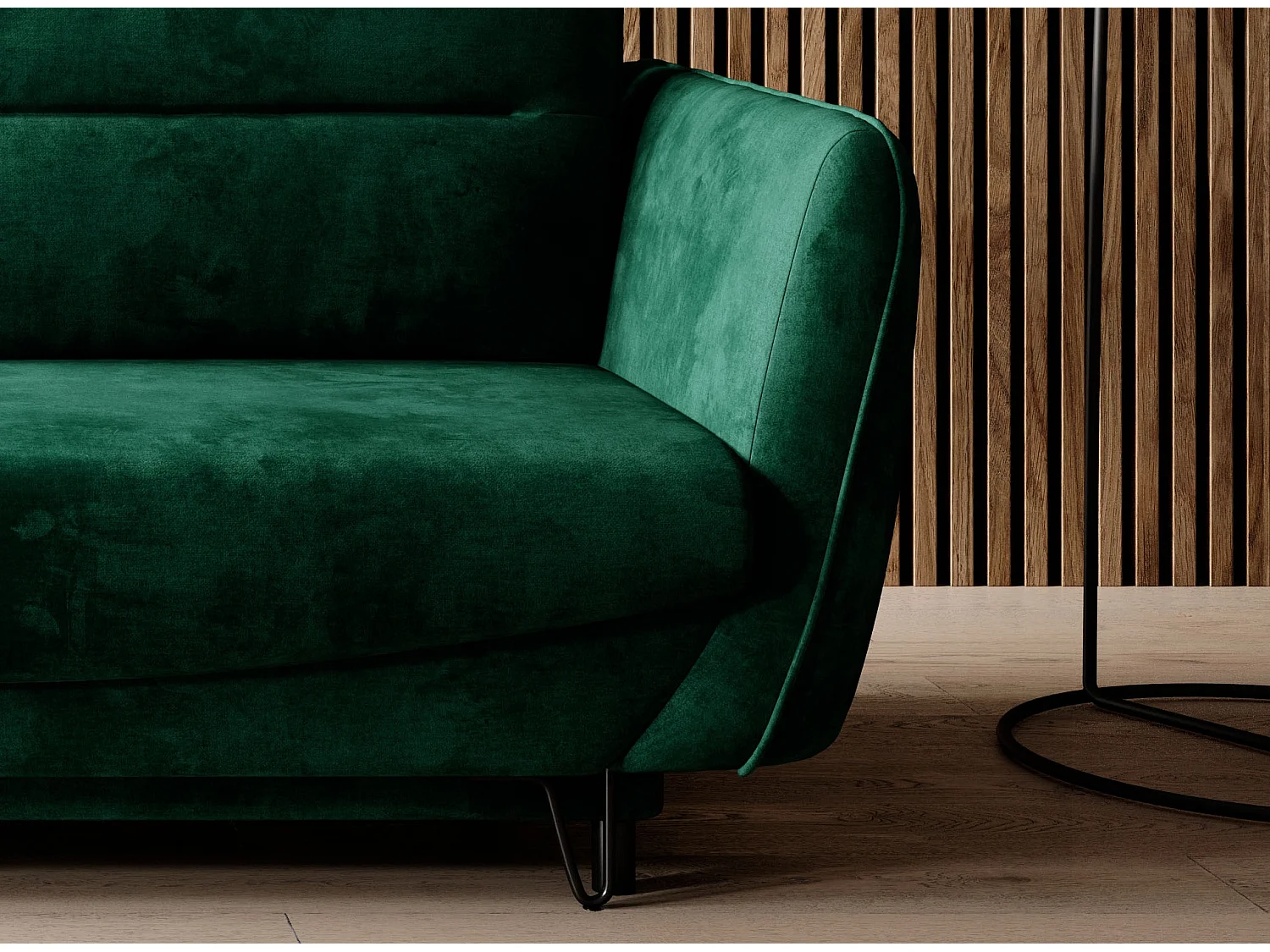 Canapé droit convertible velours ZURIK - Coffre de rangement et pieds métal noir-Vert