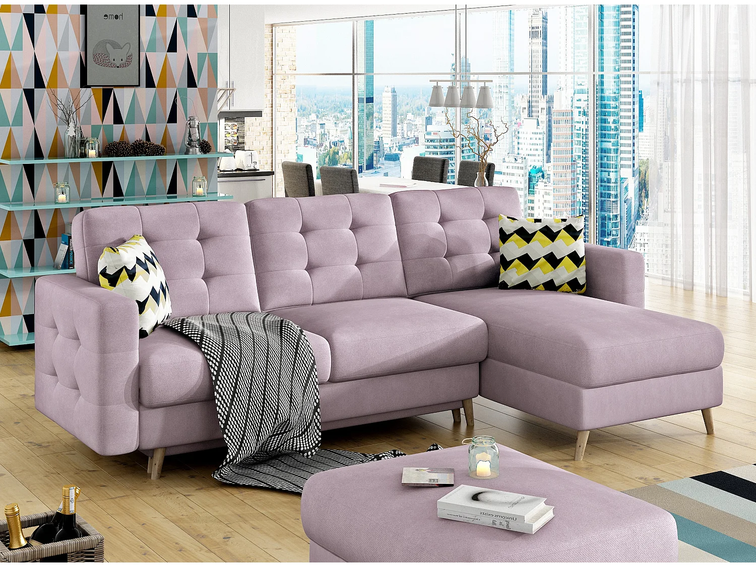 Canapé d'angle réversible et convertible tissu doux rose cerisier Anska 250cm