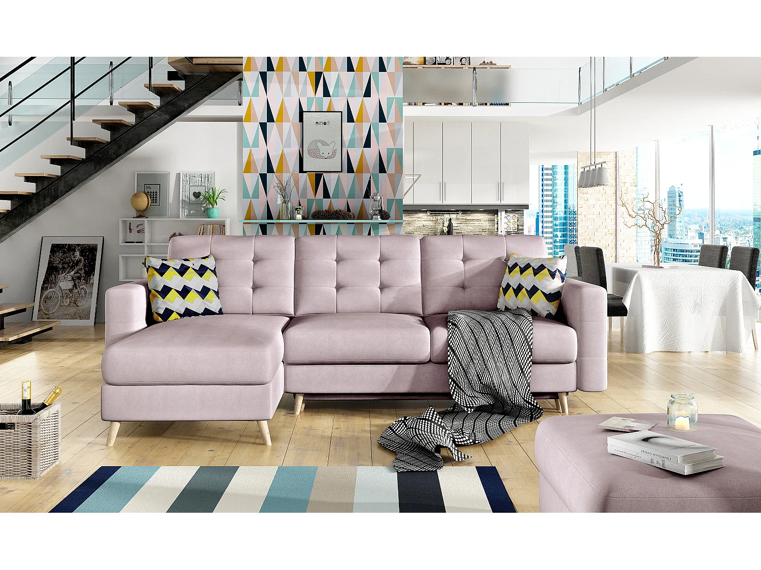 Canapé d'angle réversible et convertible tissu doux rose cerisier Anska 250cm