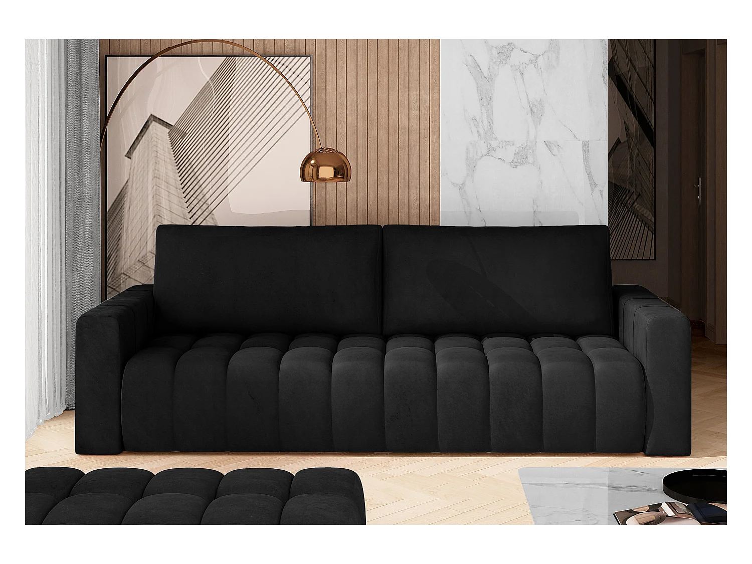 Canapé convertible 3 places velours noir avec coffre de rangement Larko 245cm