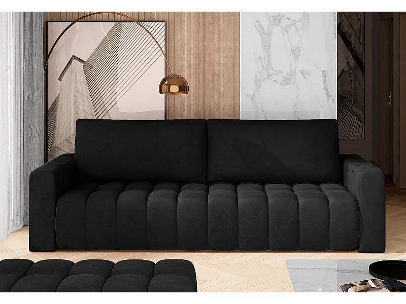 Canapé convertible 3 places velours noir avec coffre de rangement Larko 245cm