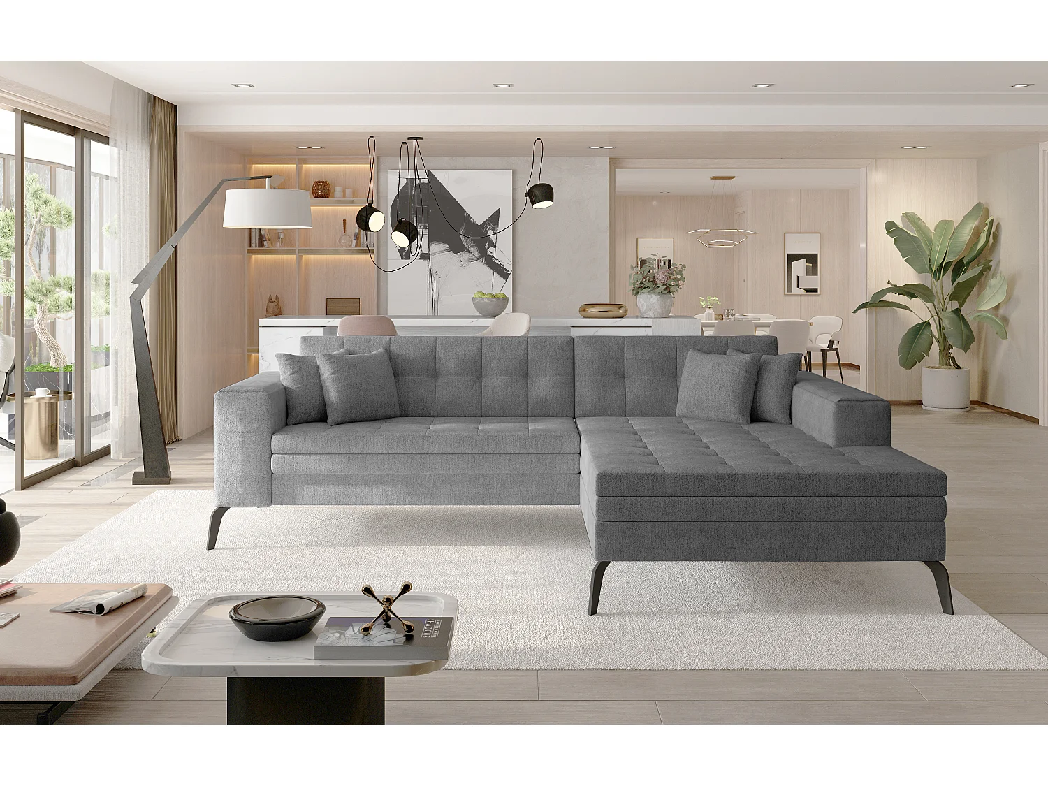 Canapé convertible capitonné angle droit tissu gris et pieds métal noir Lazor 295cm