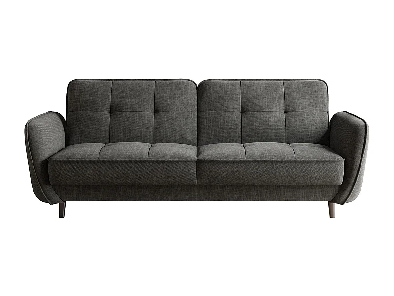 Canapé convertible 3 places tissu gris chiné capitonné et pieds bois noir Bizza 220cm