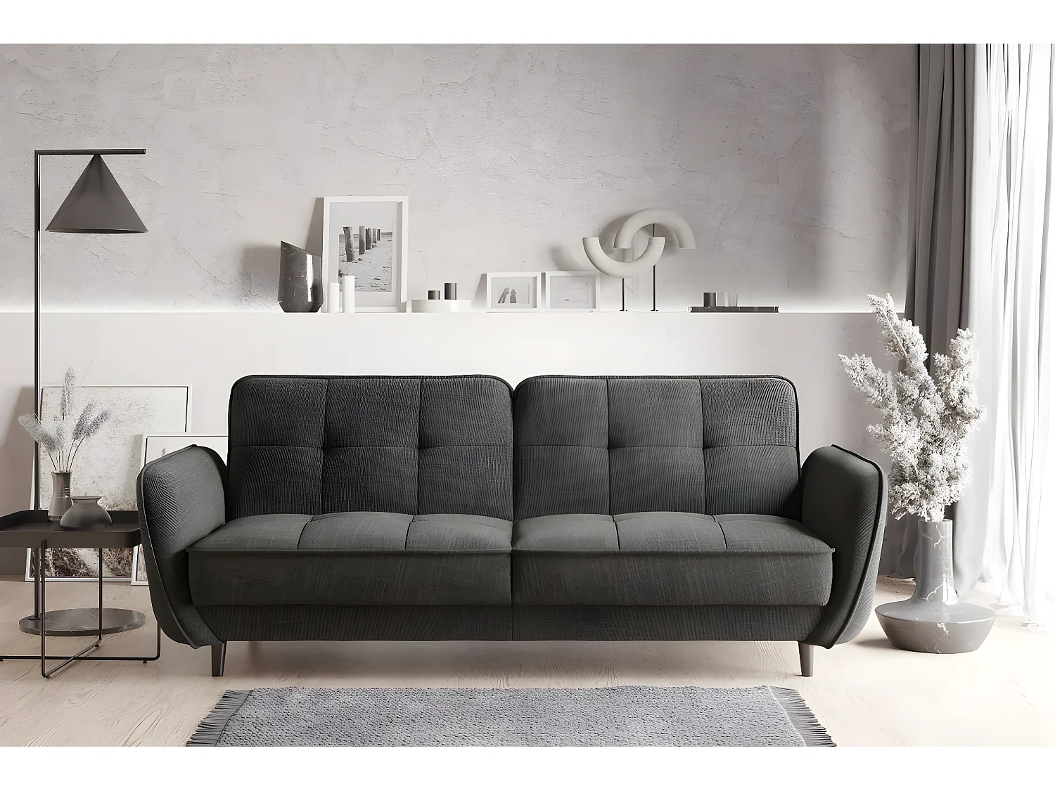 Canapé convertible 3 places tissu gris chiné capitonné et pieds bois noir Bizza 220cm