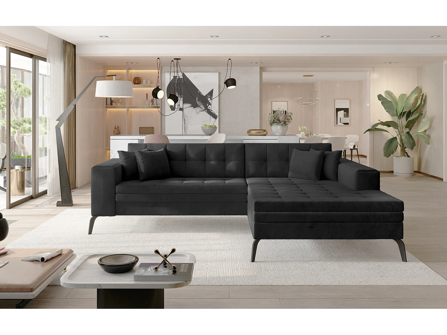 Canapé convertible capitonné angle droit velours gris anthracite et pieds métal noir Lazor 295cm