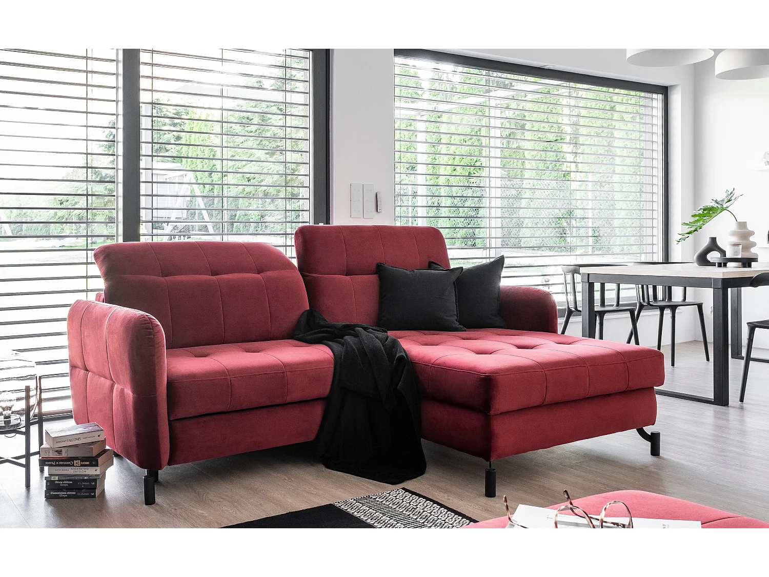 Haakse slaapbank met verstelbare hoofdsteunen Lory antraciet gewatteerde stof 225 cm