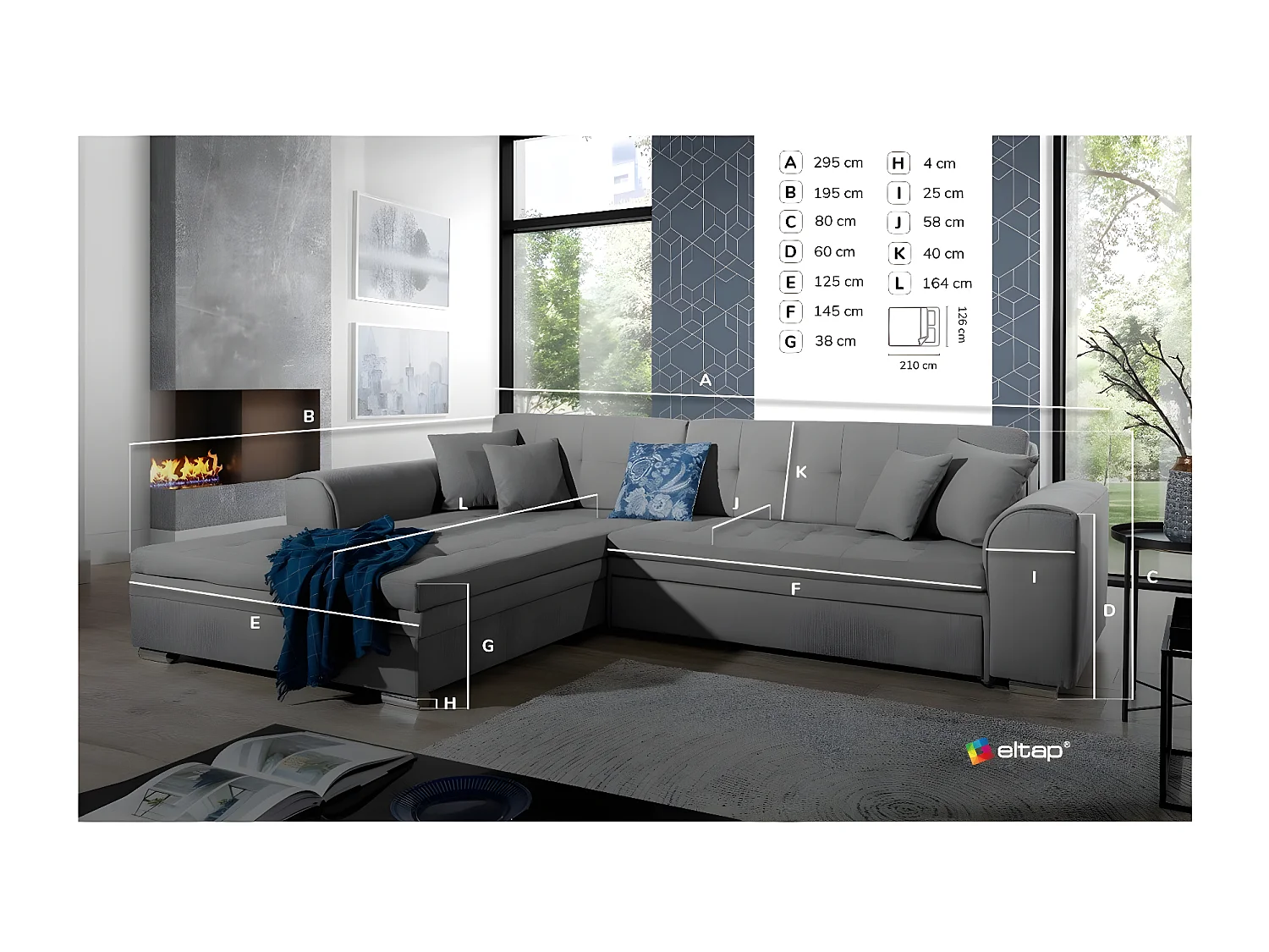 Canapé d'angle gauche convertible 4 places tissu et simili beige Looka 295cm