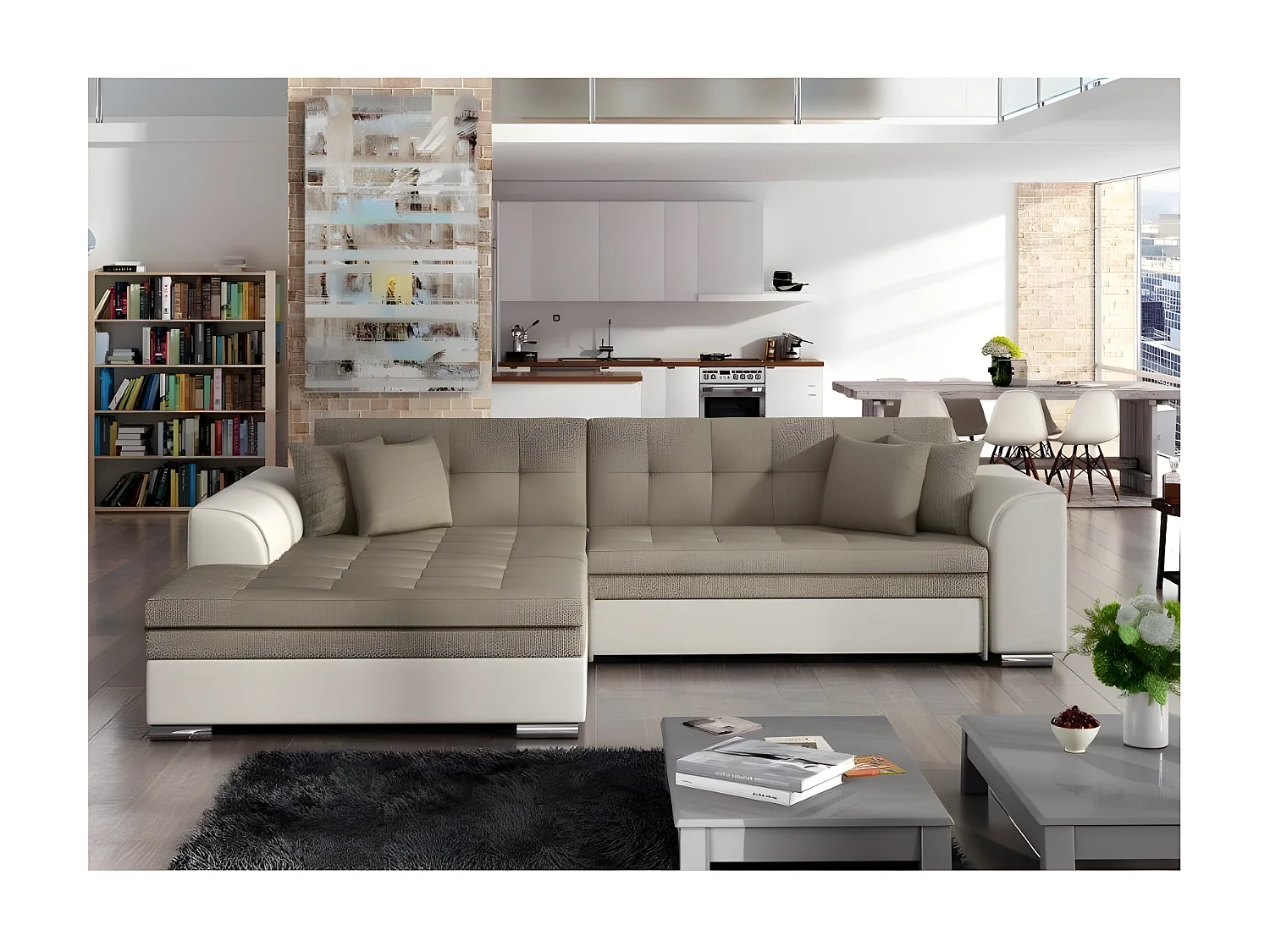 Canapé d'angle gauche convertible 4 places tissu et simili beige Looka 295cm