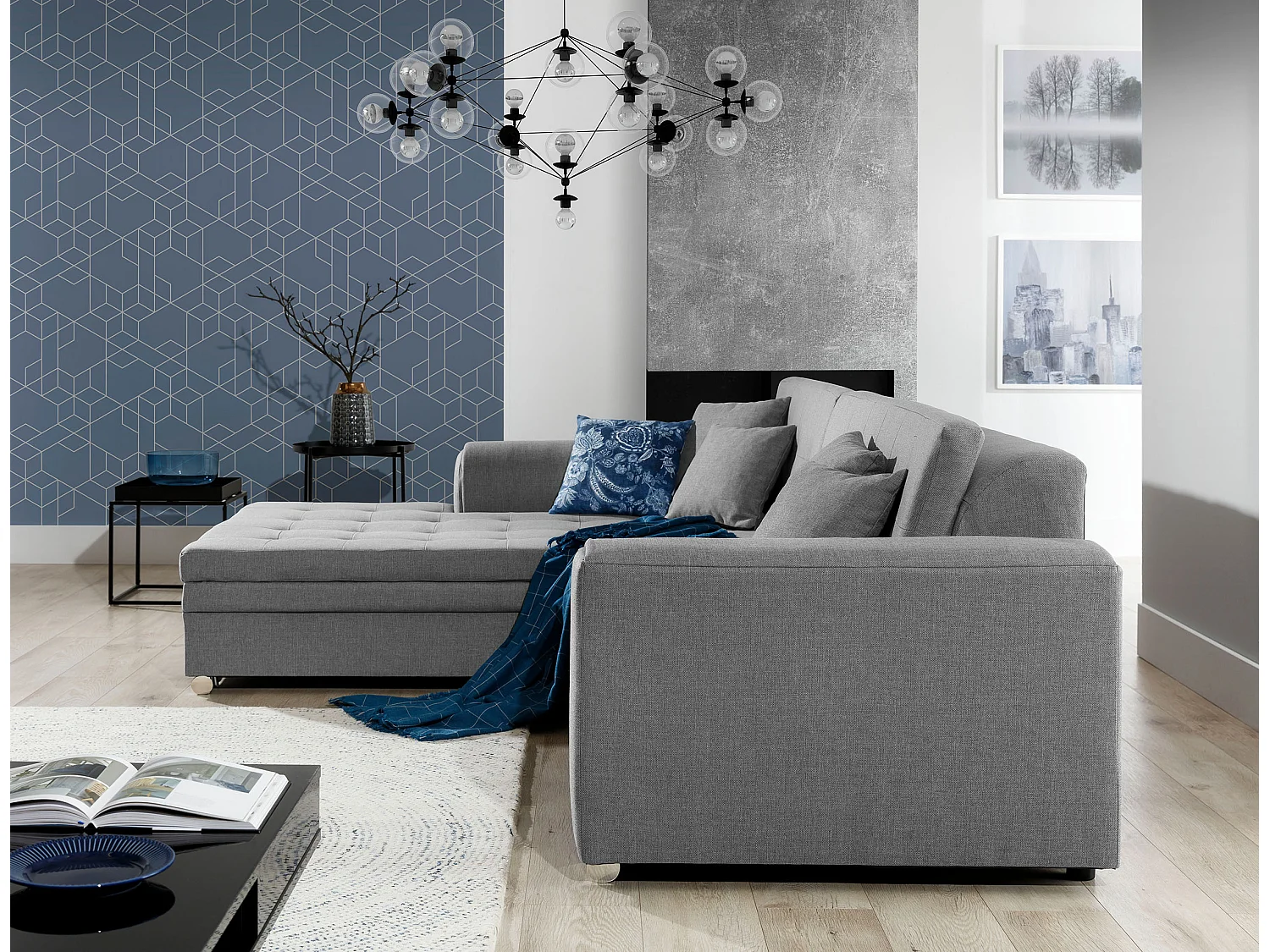 Canapé d'angle gauche convertible 4 places tissu et simili beige Looka 295cm