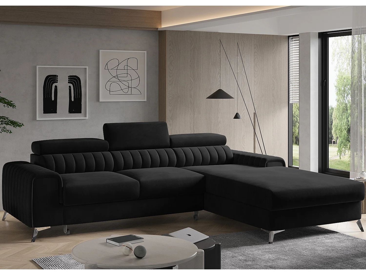 Canapé convertible angle droit velours noir Grenky 276cm