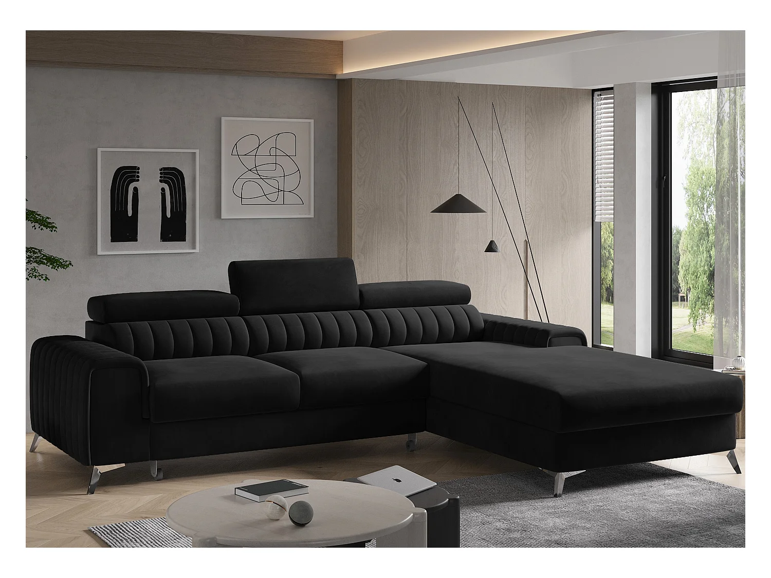Canapé convertible angle droit velours noir Grenky 276cm