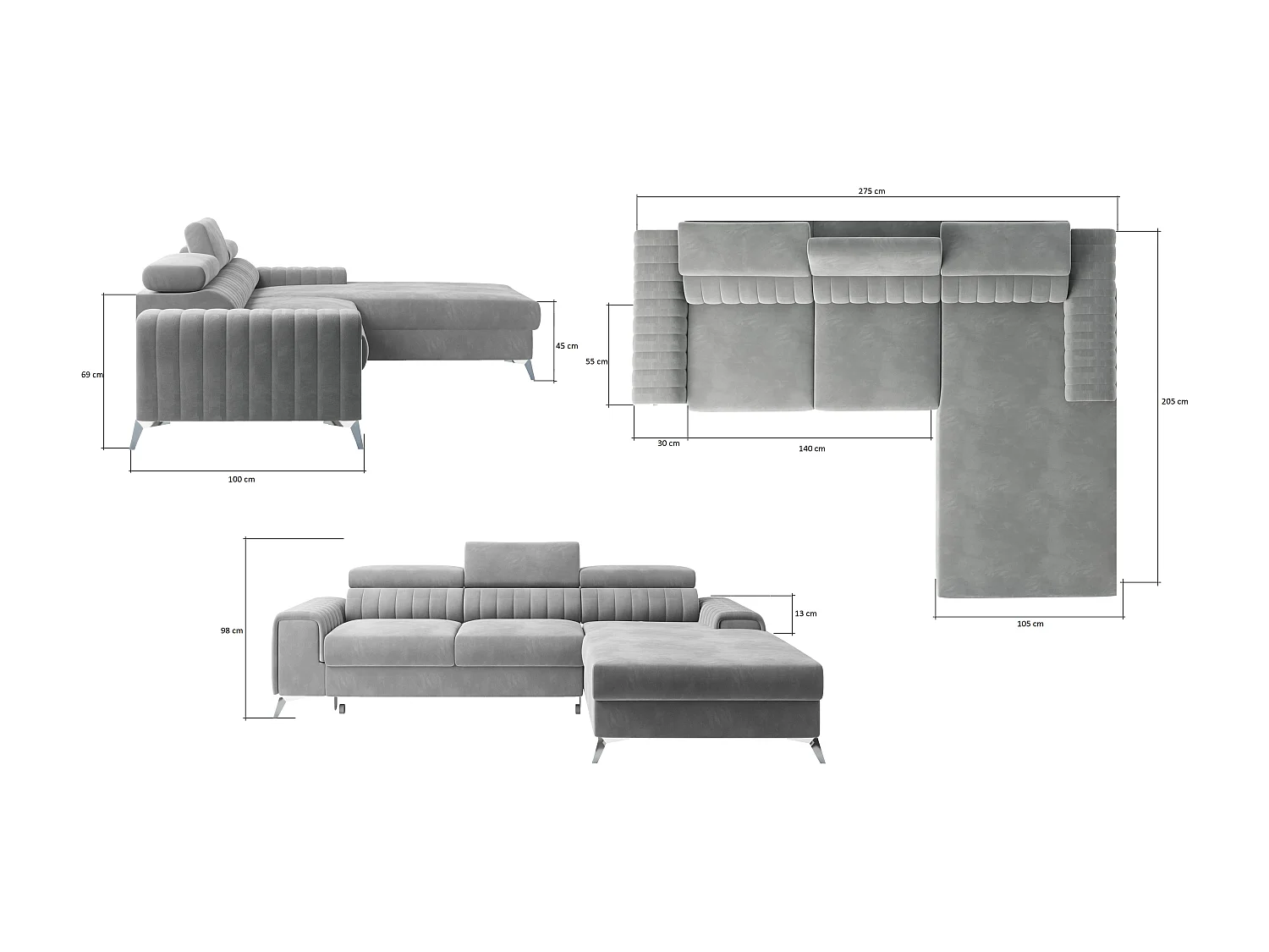 Canapé convertible angle droit velours noir Grenky 276cm