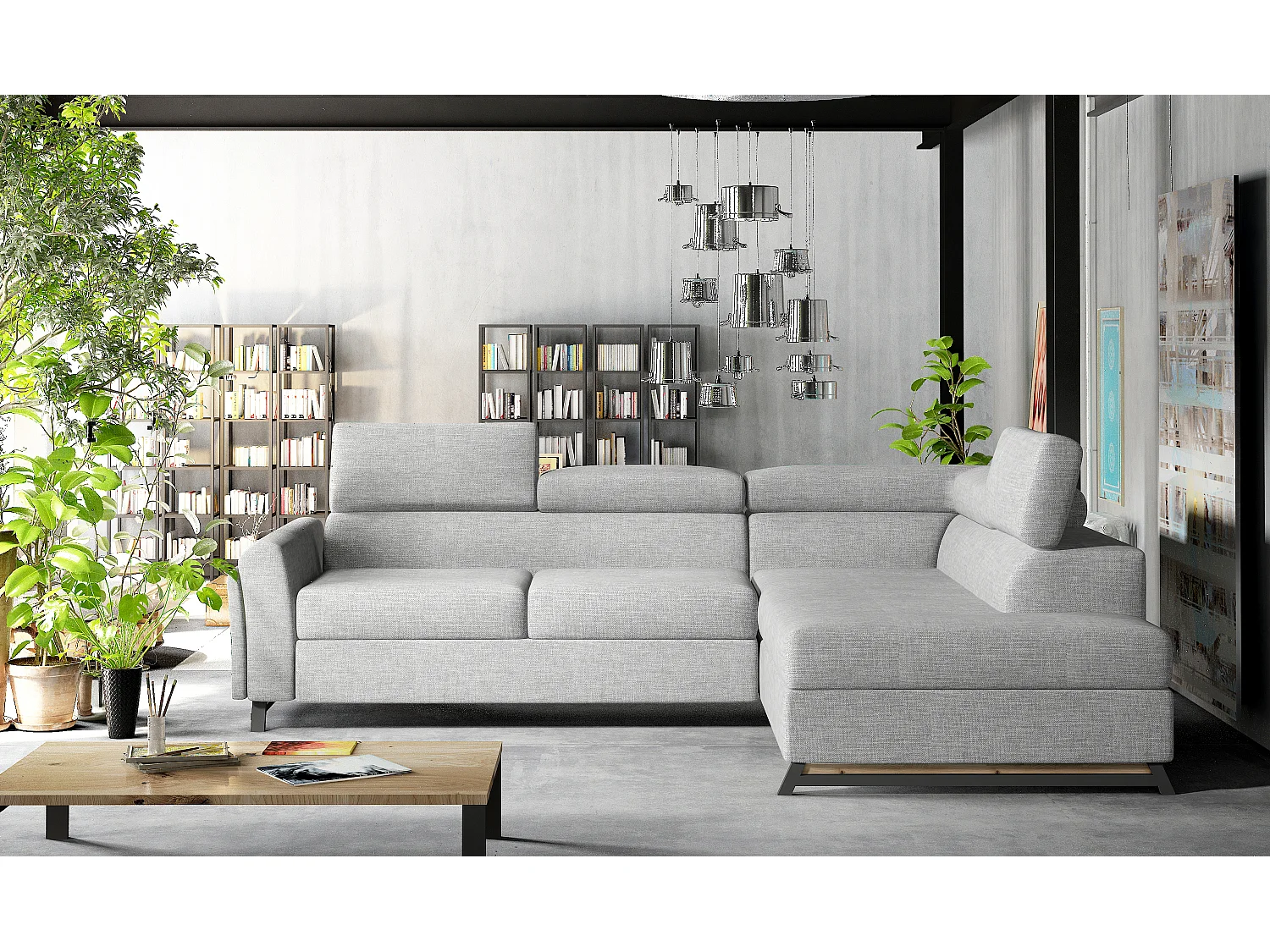 Canapé angle droit convertible tissu gris clair avec têtières réglables Nikos 265cm 2