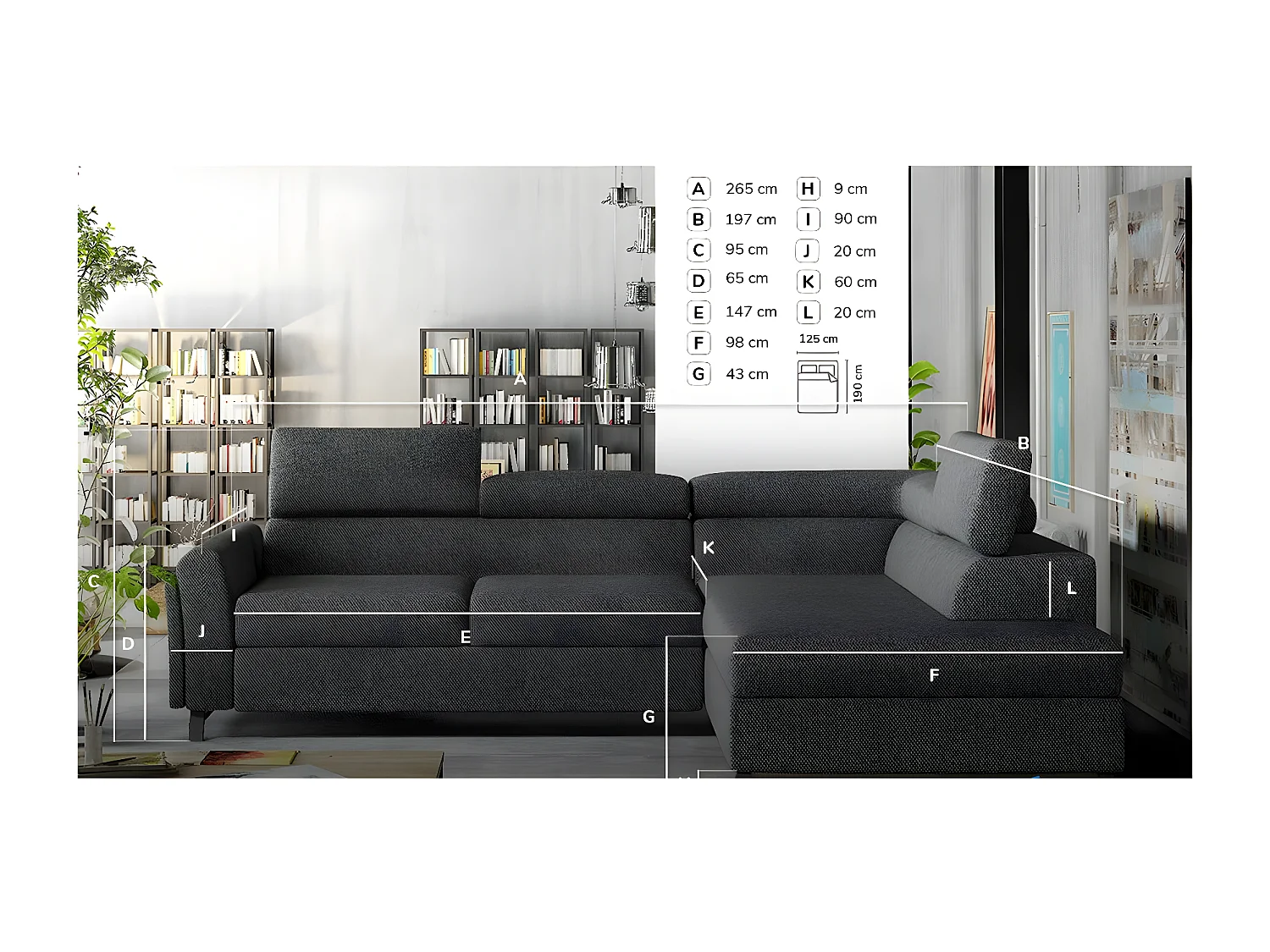 Canapé angle droit convertible tissu gris clair avec têtières réglables Nikos 265cm 2