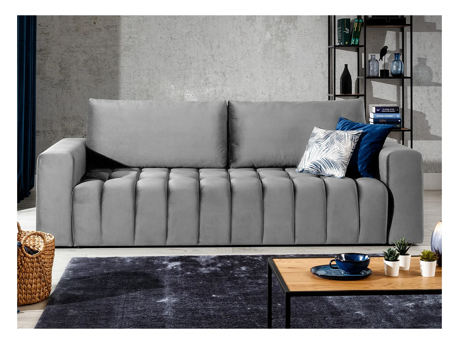 Canapé convertible 3 places velours gris clair avec coffre de rangement Larko 245cm
